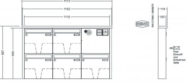 RENZ Briefkastenanlage Aufputz Tetro Kastenformat 370x330x100mm, mit Klingel - & Lichttaster und Vorbereitung Gegensprechanlage, 5-teilig